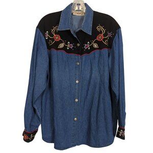 Rhythm‎ Blue Vintage Shirt Western Denim Velvet Embroidered Floral Women L